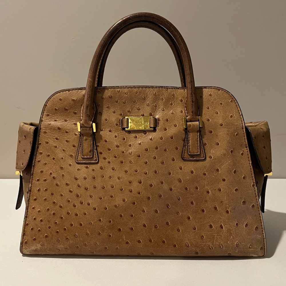 ♠️ Michael Kors Gia Ostrich Embossed Leather Handbag, Tan